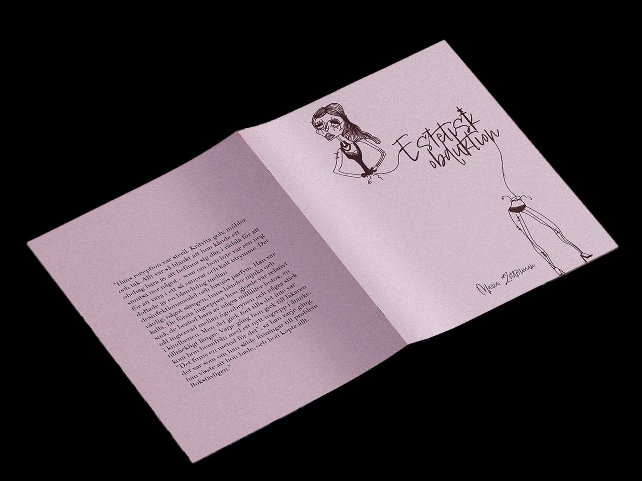 Omslag till novellen Estetisk Obduktion, med handritad illustration, rosa bakgrund och handskriven typografi. 
